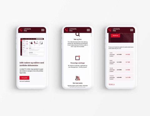 Mockup av 3 mobilskjermer fra den Lovdata pro sin salgside.